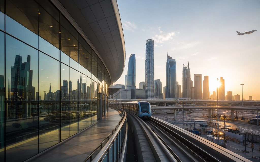 Modern airport rail and business district for corporate international travel