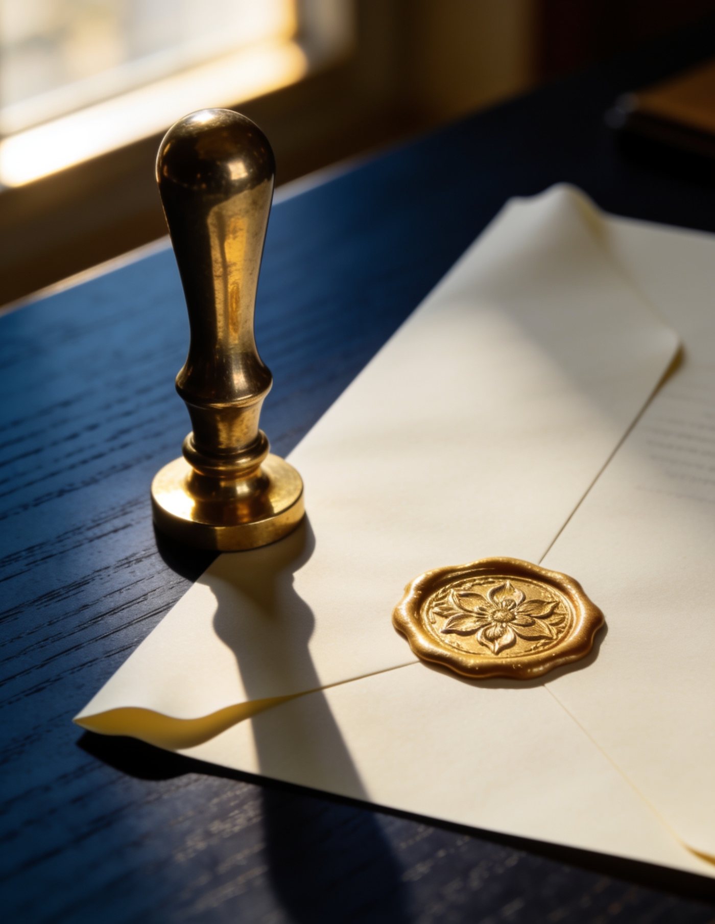 Gold wax seal on a document beside a brass seal press on a navy desk