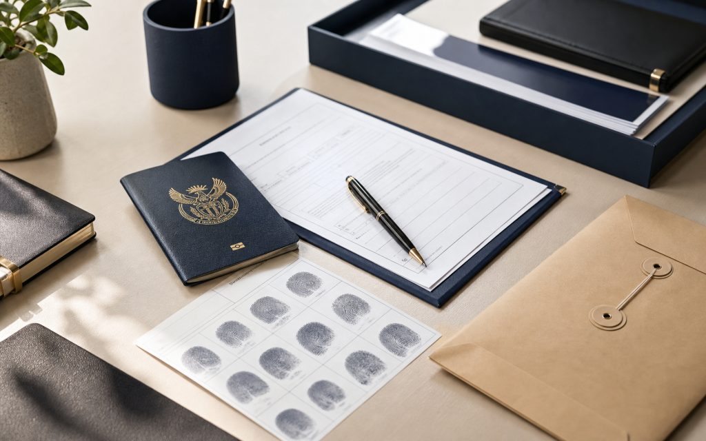 Police clearance documents and fingerprint paperwork on a professional desk