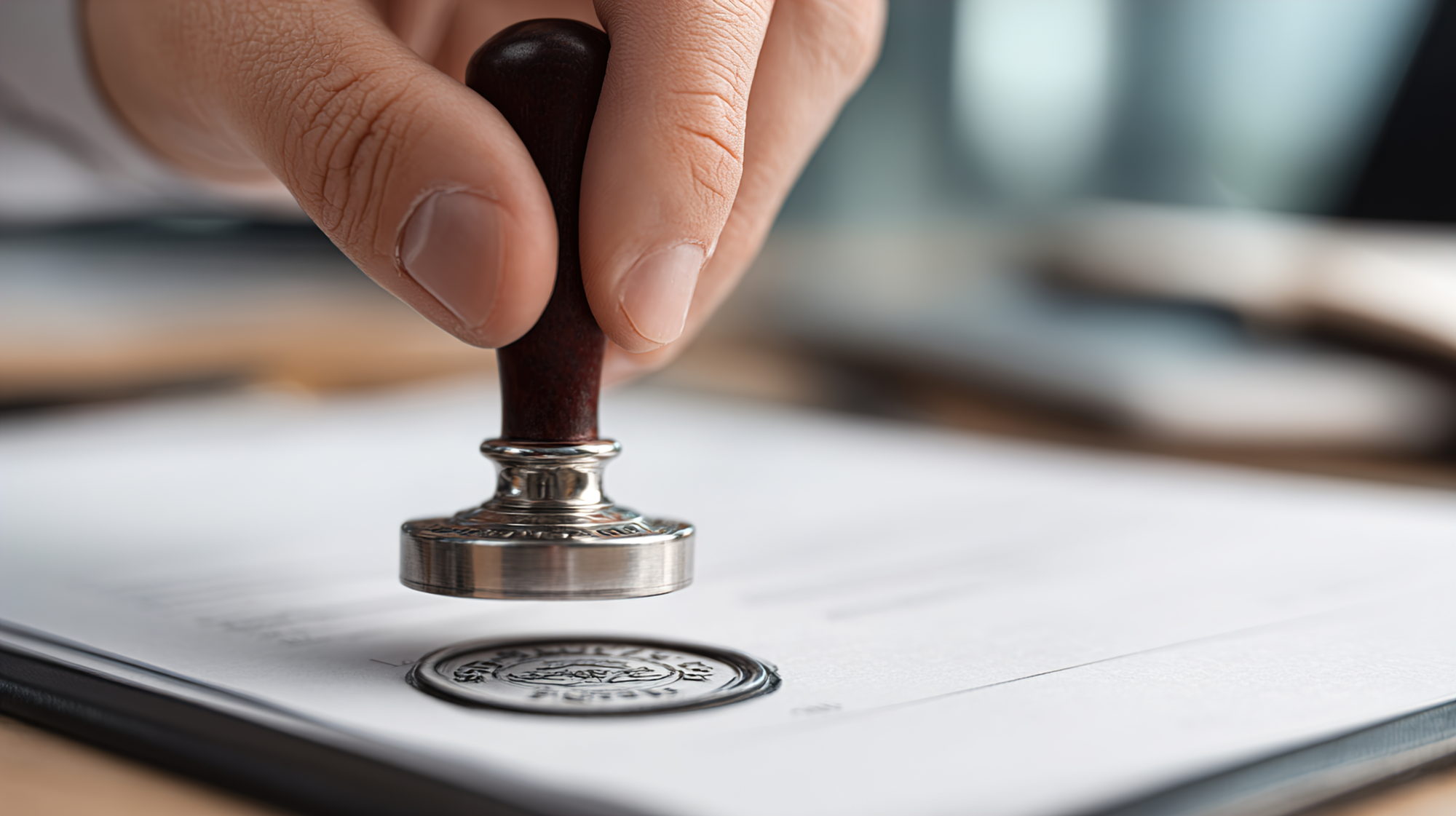 A hand pressing a stamp onto an official document