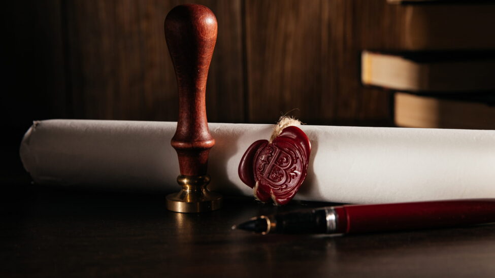 A wax-sealed document and a notary stamp on a desk
