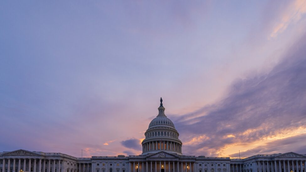 The United States Capitol in Washington, DC at dusk