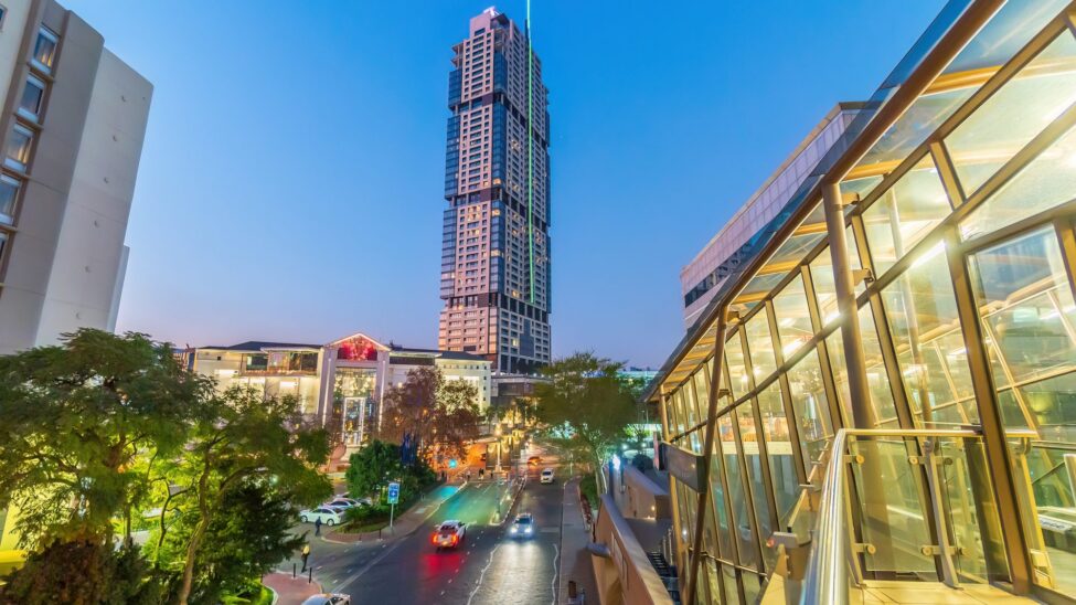Sandton Johannesburg skyline at blue hour with the Leonardo tower lit